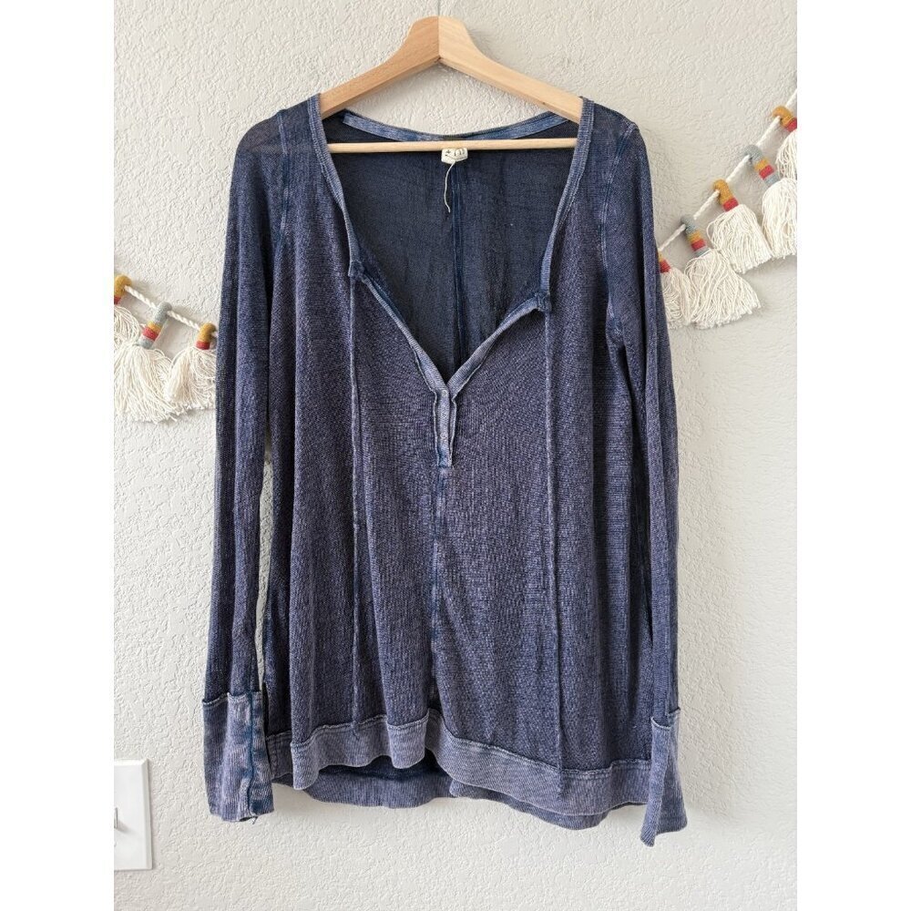 We The Free Affogato Hacci Indigo Linen Blend V-Neck Knit Sheer Top Beachy S